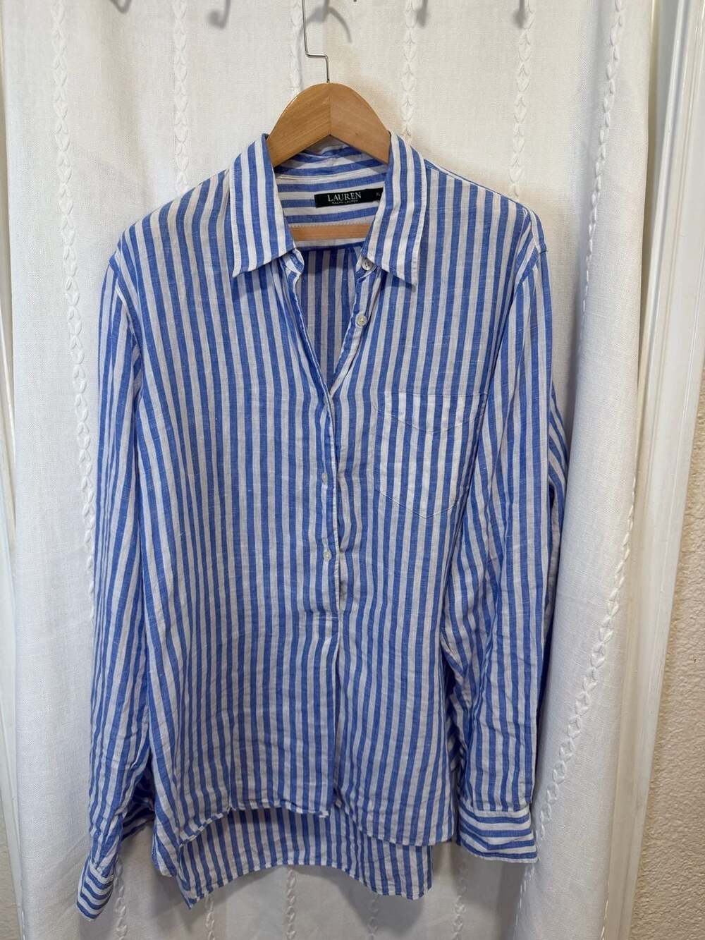 Lauren Ralph Lauren Women’s XL Blue White Stripe 100% Linen Button Down Shirt